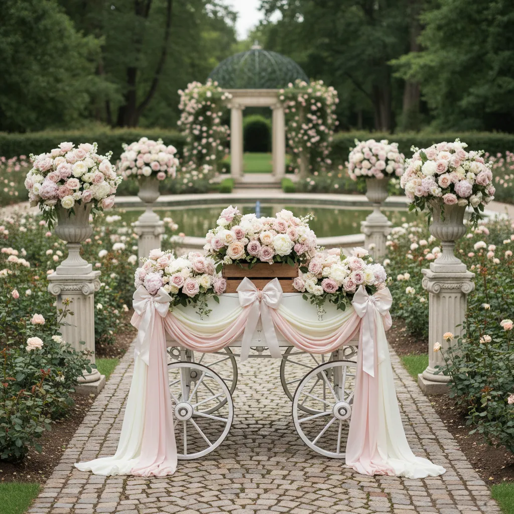 Elegant white wedding wagon decorated with roses and chiffon ribbons
