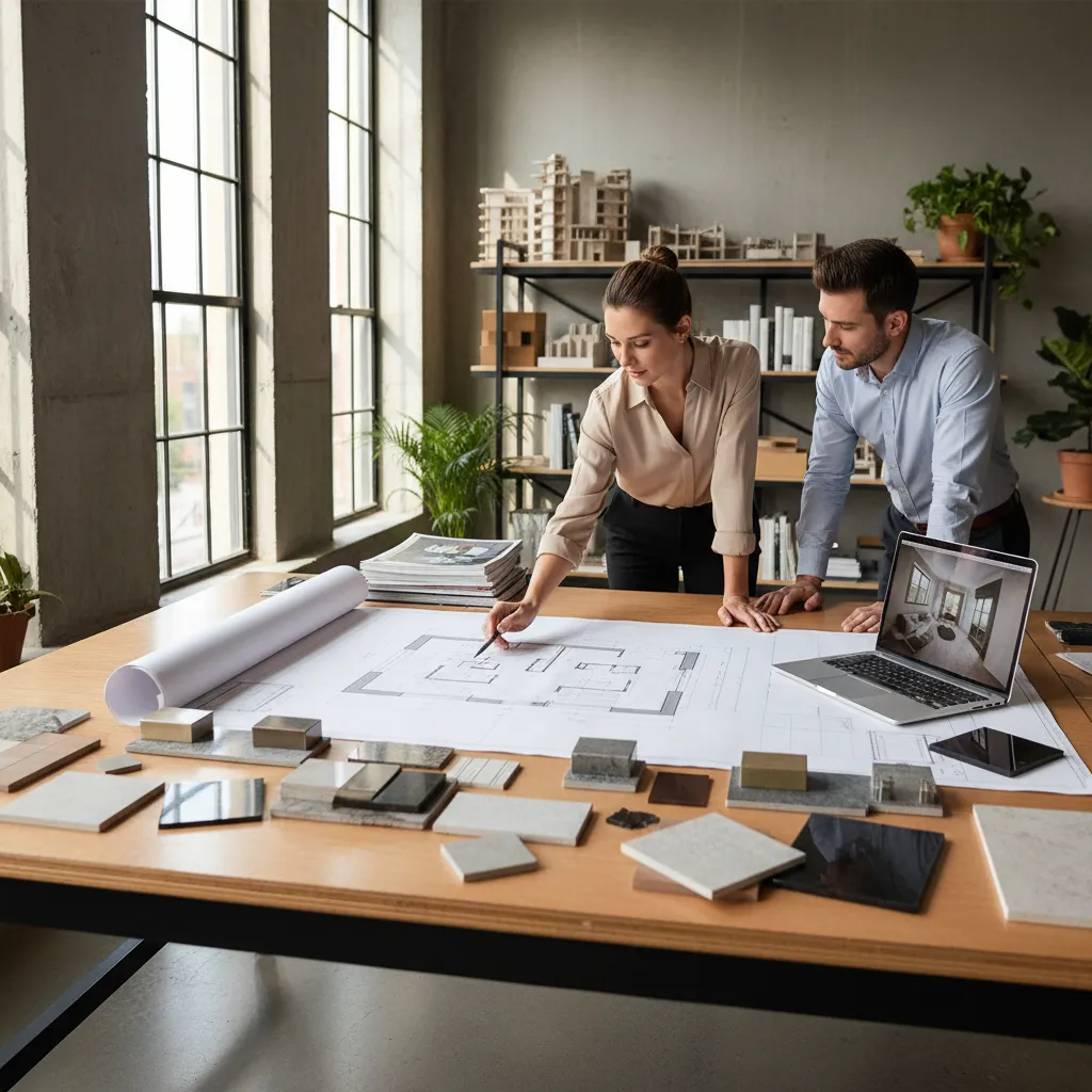Diseñador analizando plano de distribución de una casa