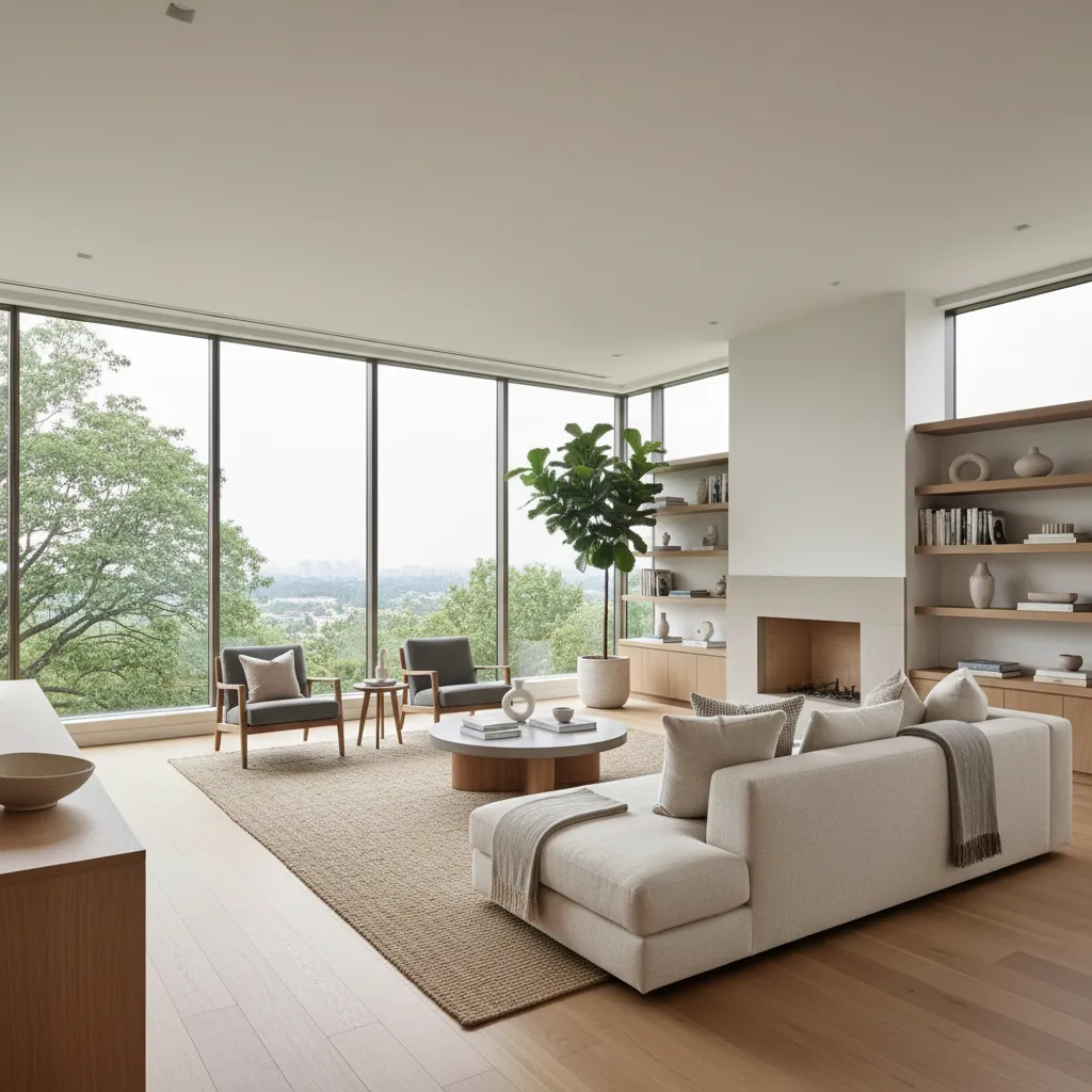Modern minimalist living room featuring large windows, white sofa, grey chairs, fireplace, and wooden shelving