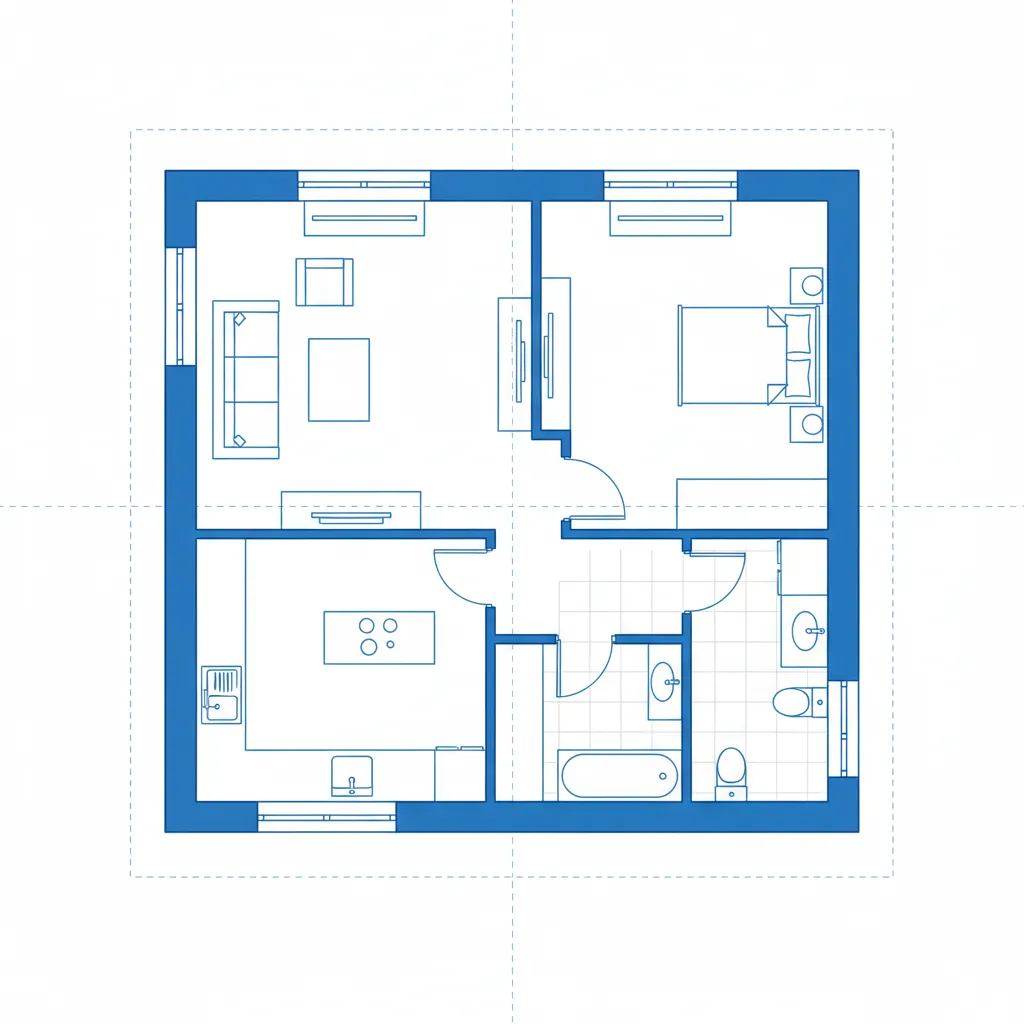 Blue 2D floor plan drawing showing a living room bedroom kitchen and bathroom with furniture