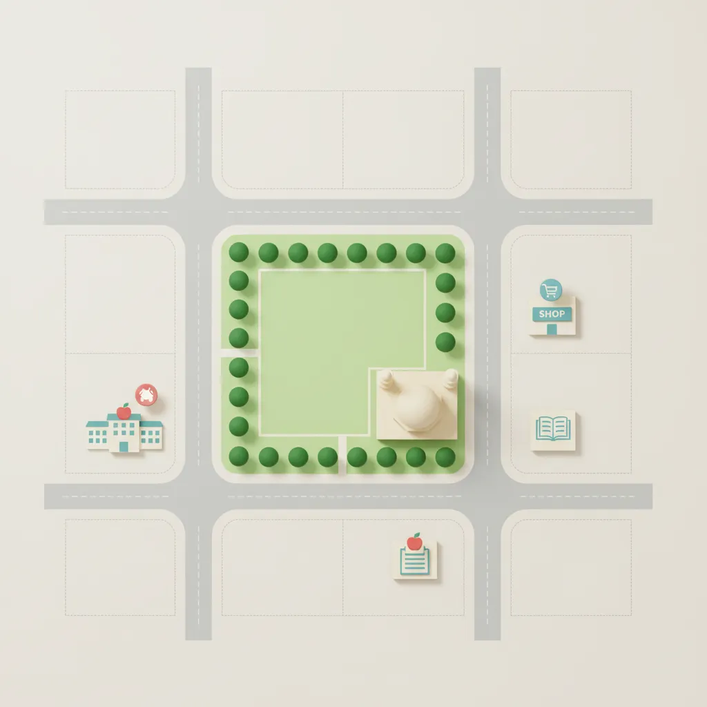 Ilustrasi elemen penting dalam denah seperti jalan dan bangunan penanda