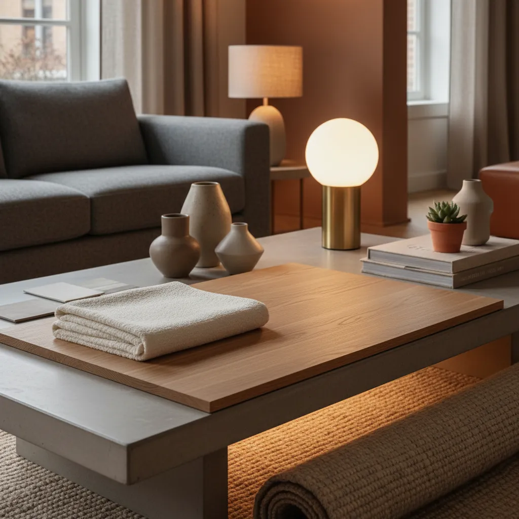 Detalle de materiales, iluminación y decoración en un interior moderno