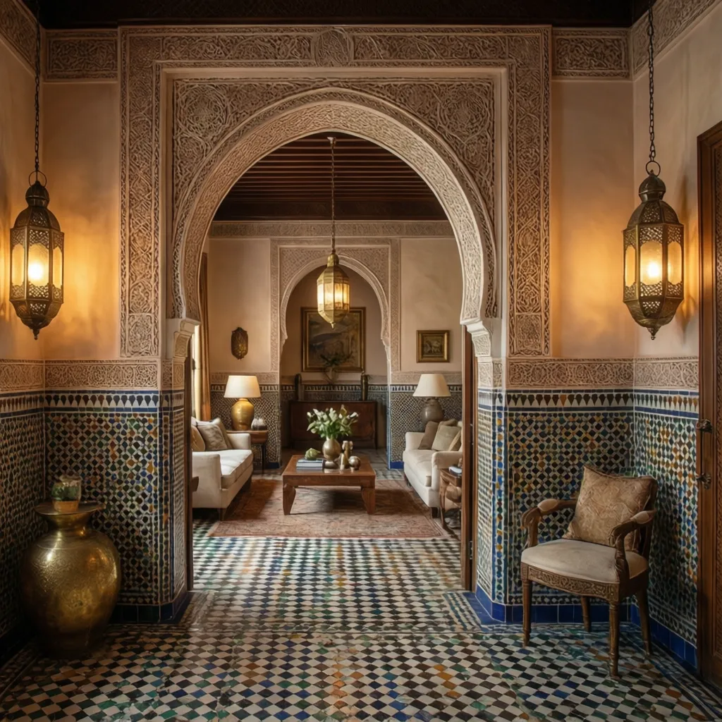 Sala con arco marroquí, mosaicos geométricos y lámparas de latón