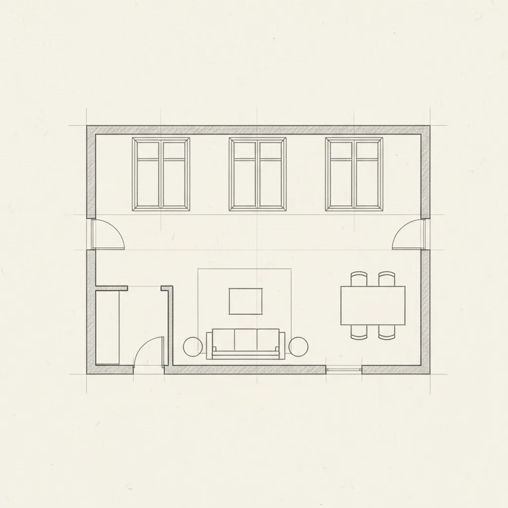 Plano sencillo con puertas, ventanas y muebles básicos