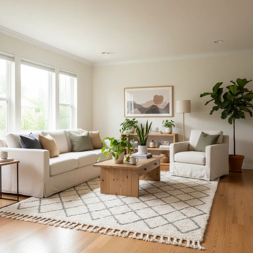 salón con sofá, alfombra, mesa de centro y plantas decorativas