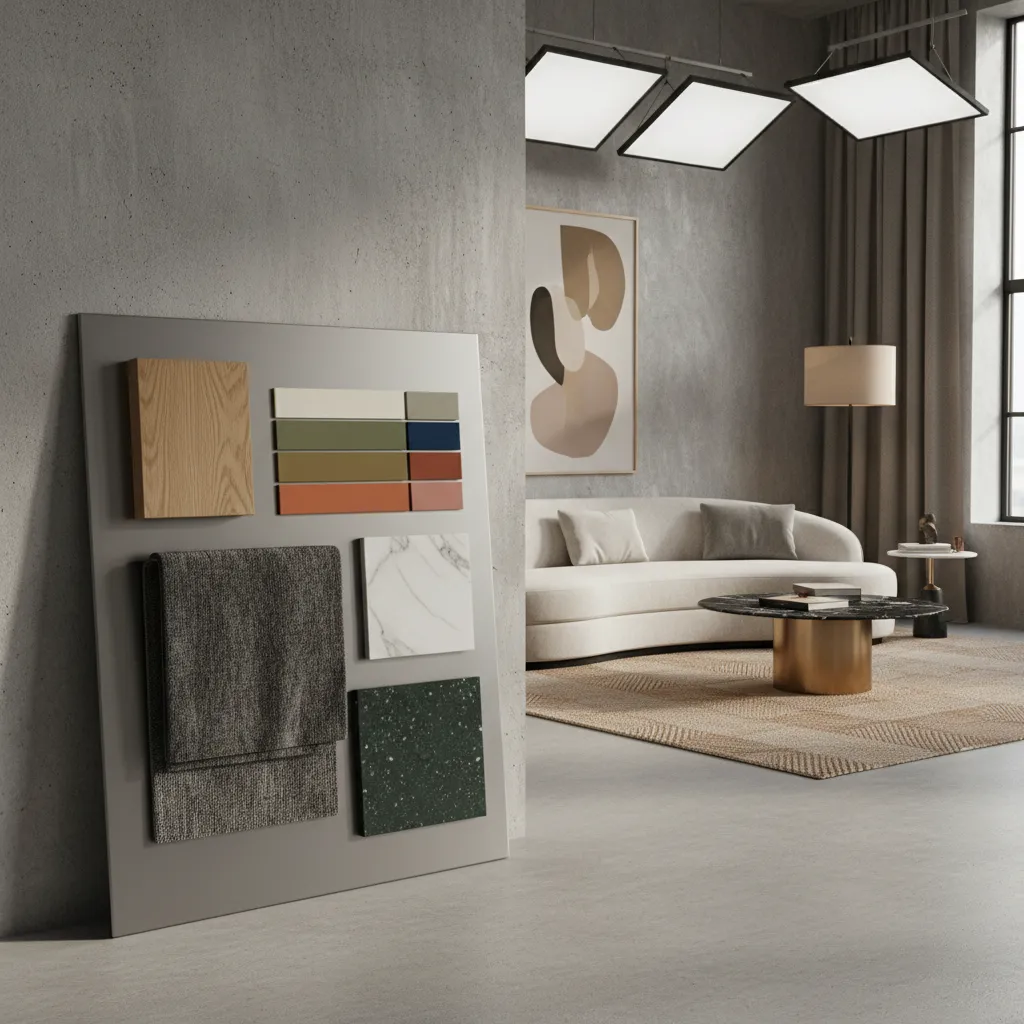 Material mood board with stone samples in front of modern living room with white sofa