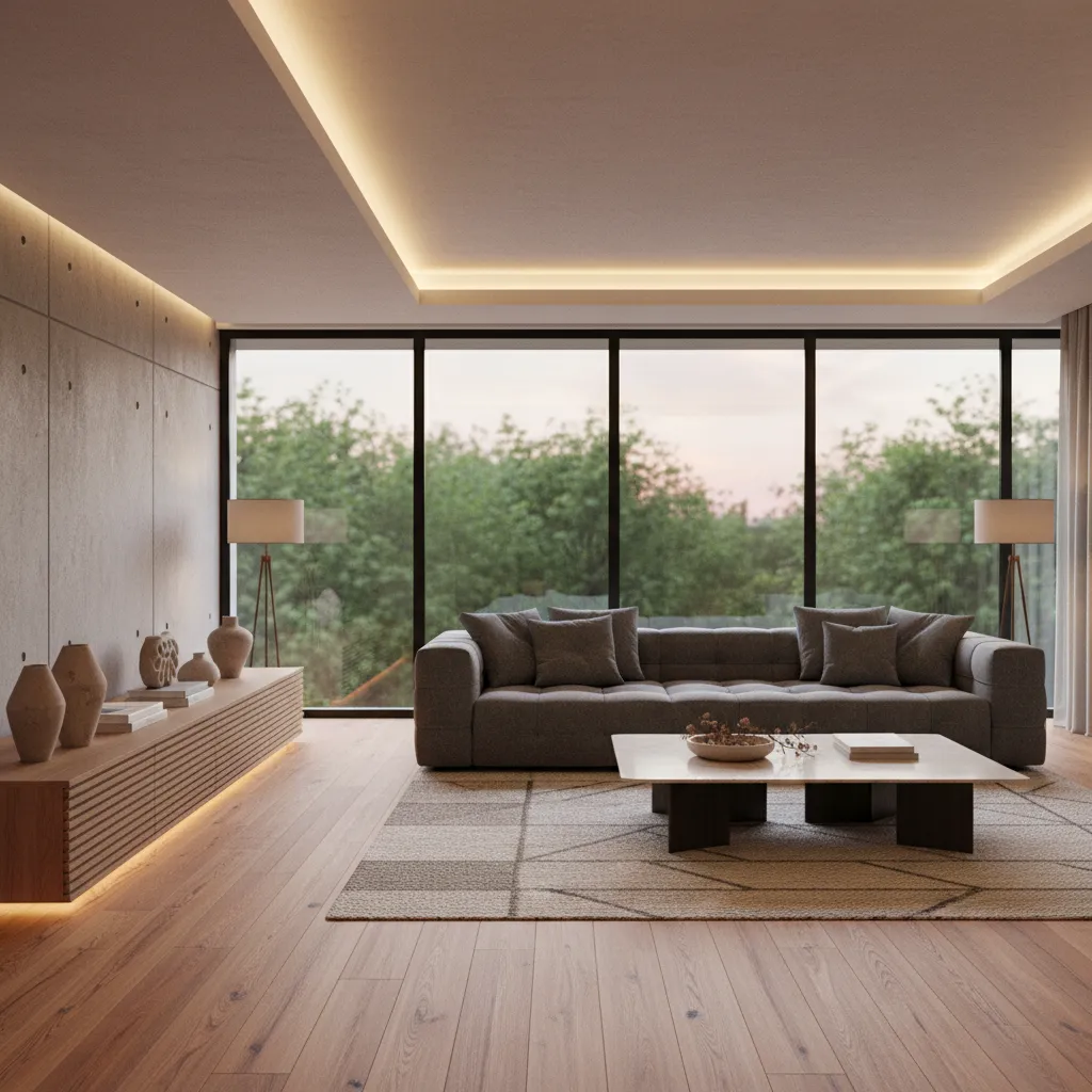 Contemporary living room with grey sofa wooden floor large windows and warm hidden ceiling light