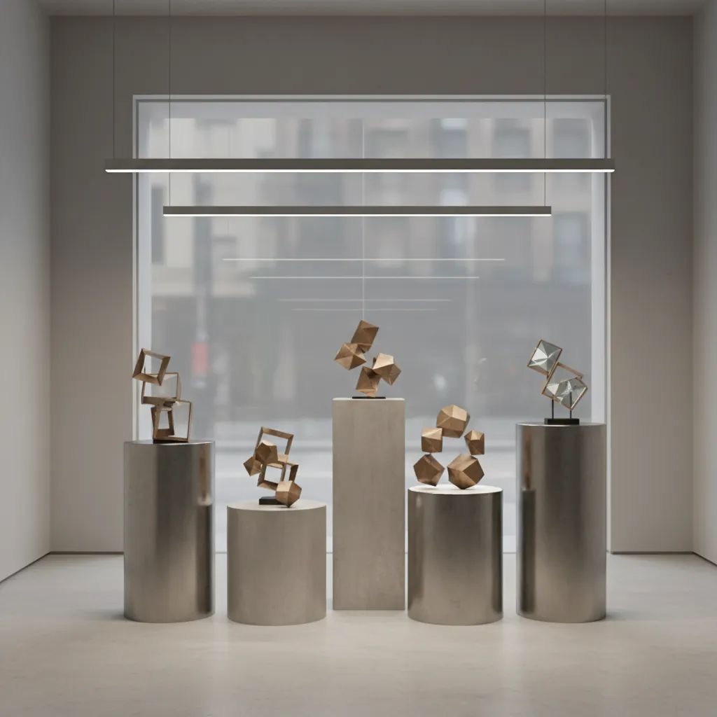 Minimalist room display with geometric gold sculptures on stone pedestals and long linear ceiling lights