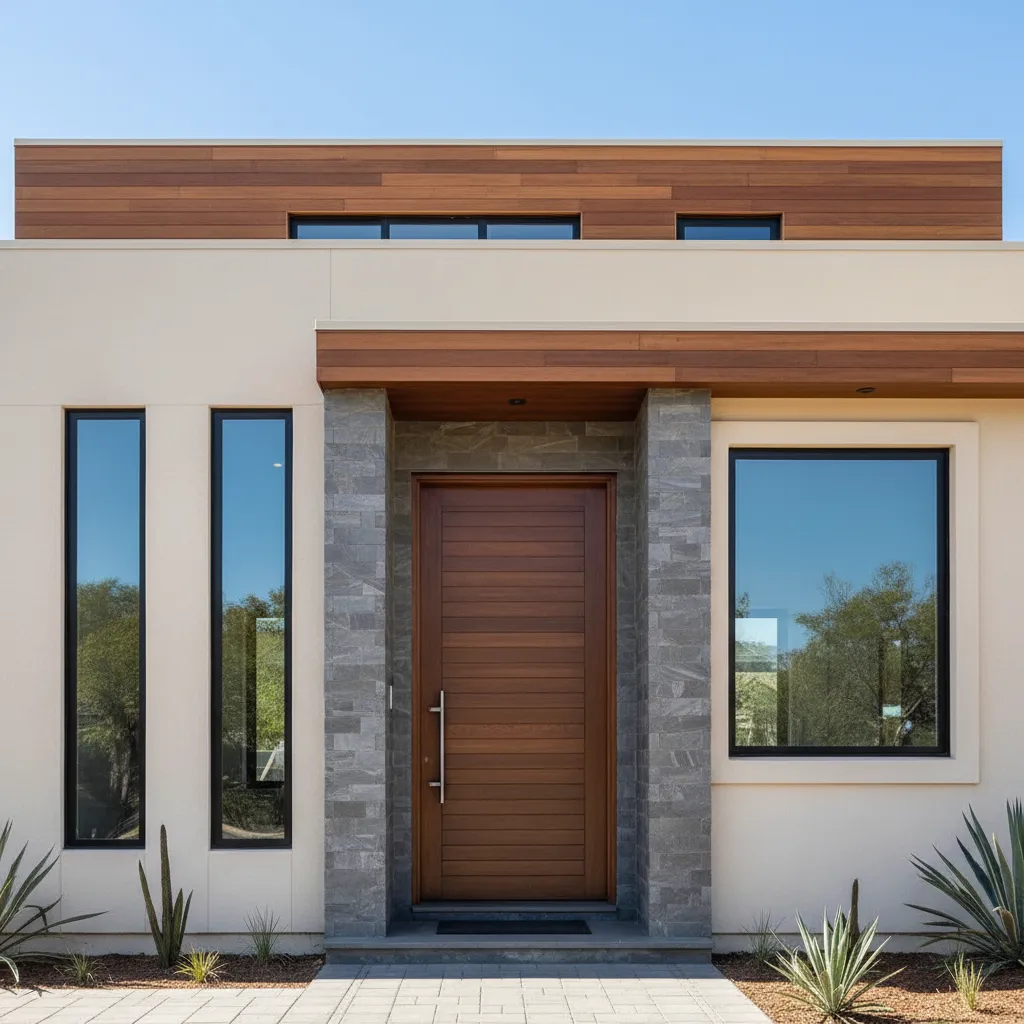 Fachada residencial mostrando puerta principal, ventanas y materiales combinados