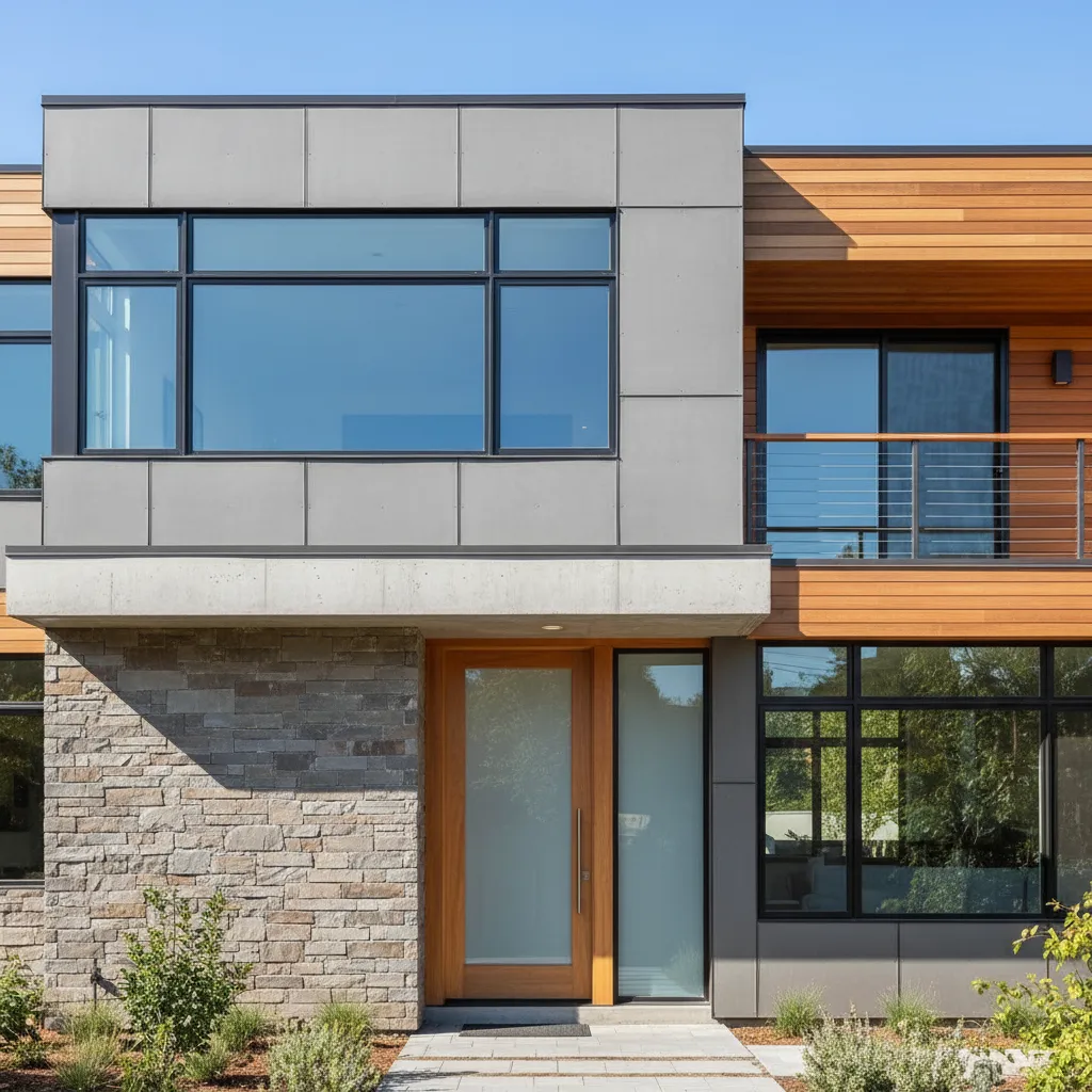 Fachada de casa moderna mostrando ventanas, puerta principal y materiales combinados
