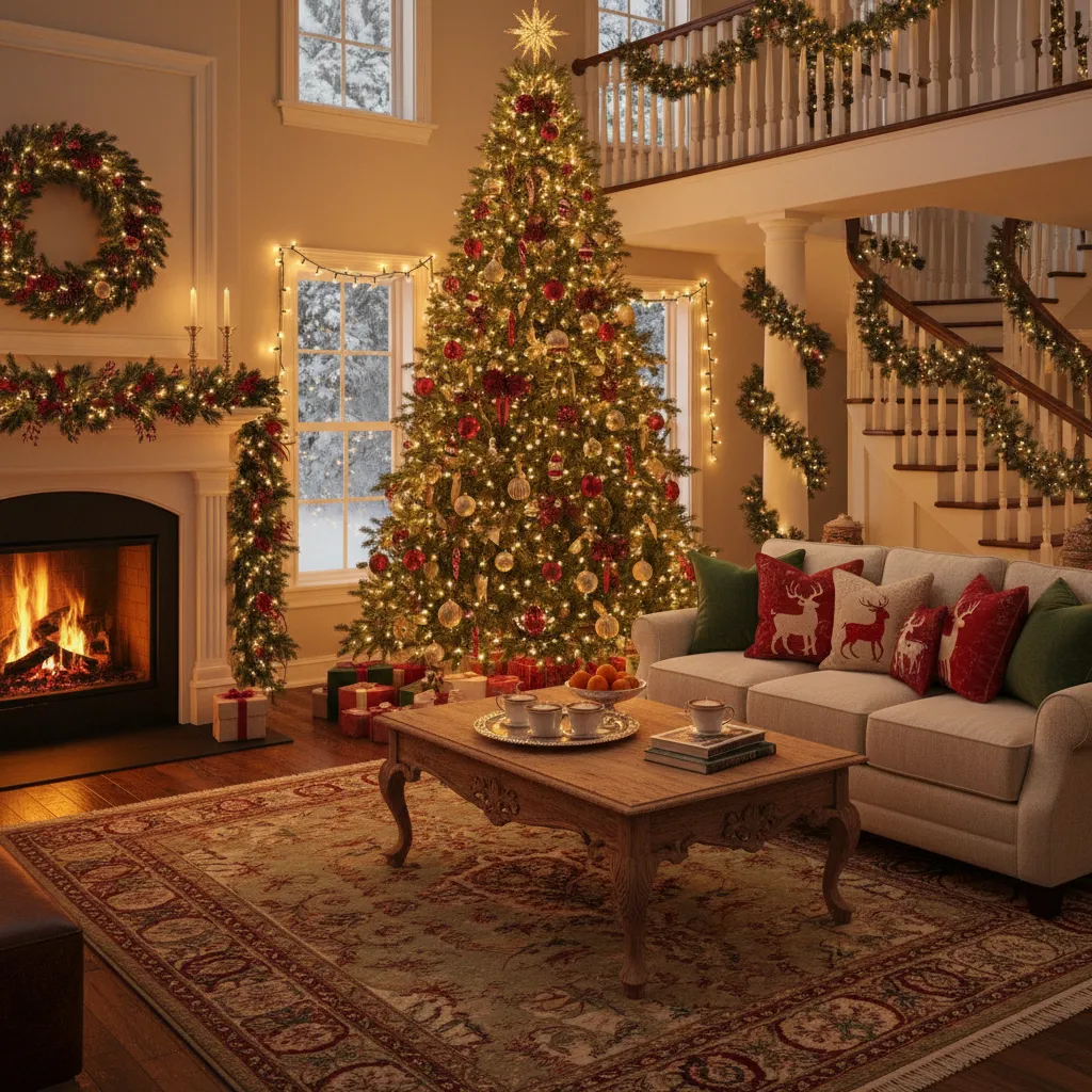 Árbol de Navidad, guirnalda y textiles navideños en un salón