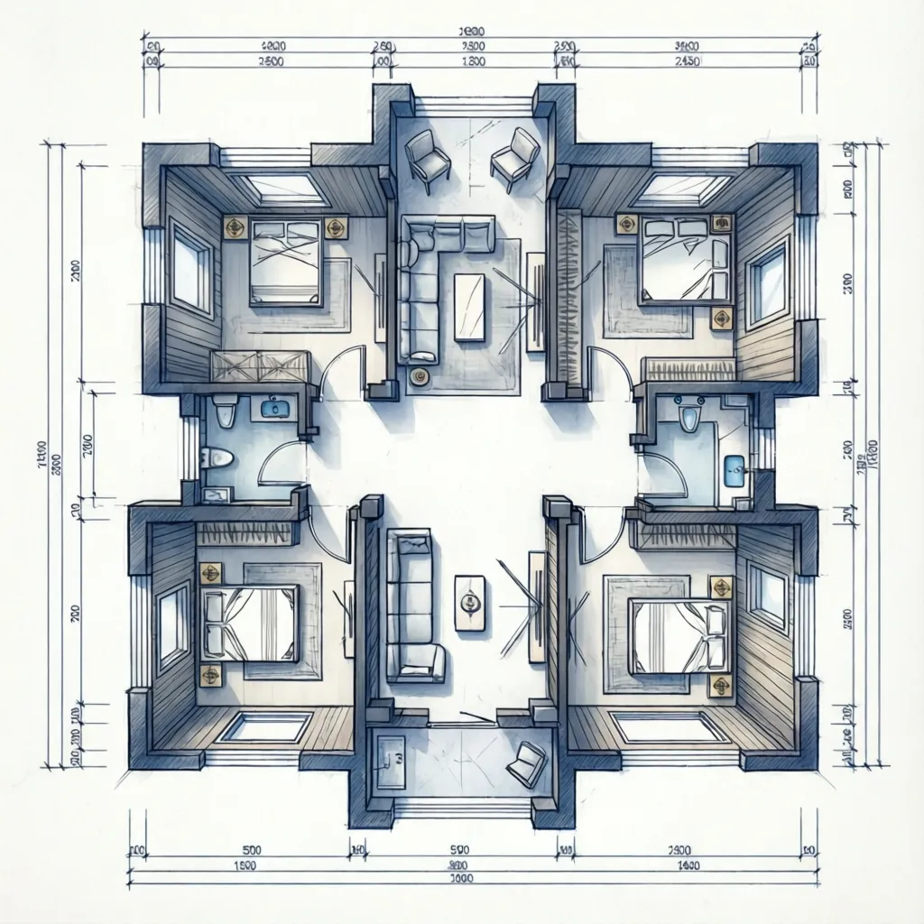 Detailed interior design drawing showing house layout with four bedrooms bathrooms and central living area