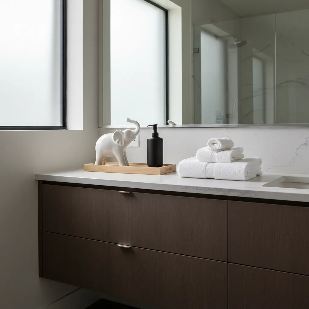 Bathroom vanity with ceramic elephant decor and neutral accessories