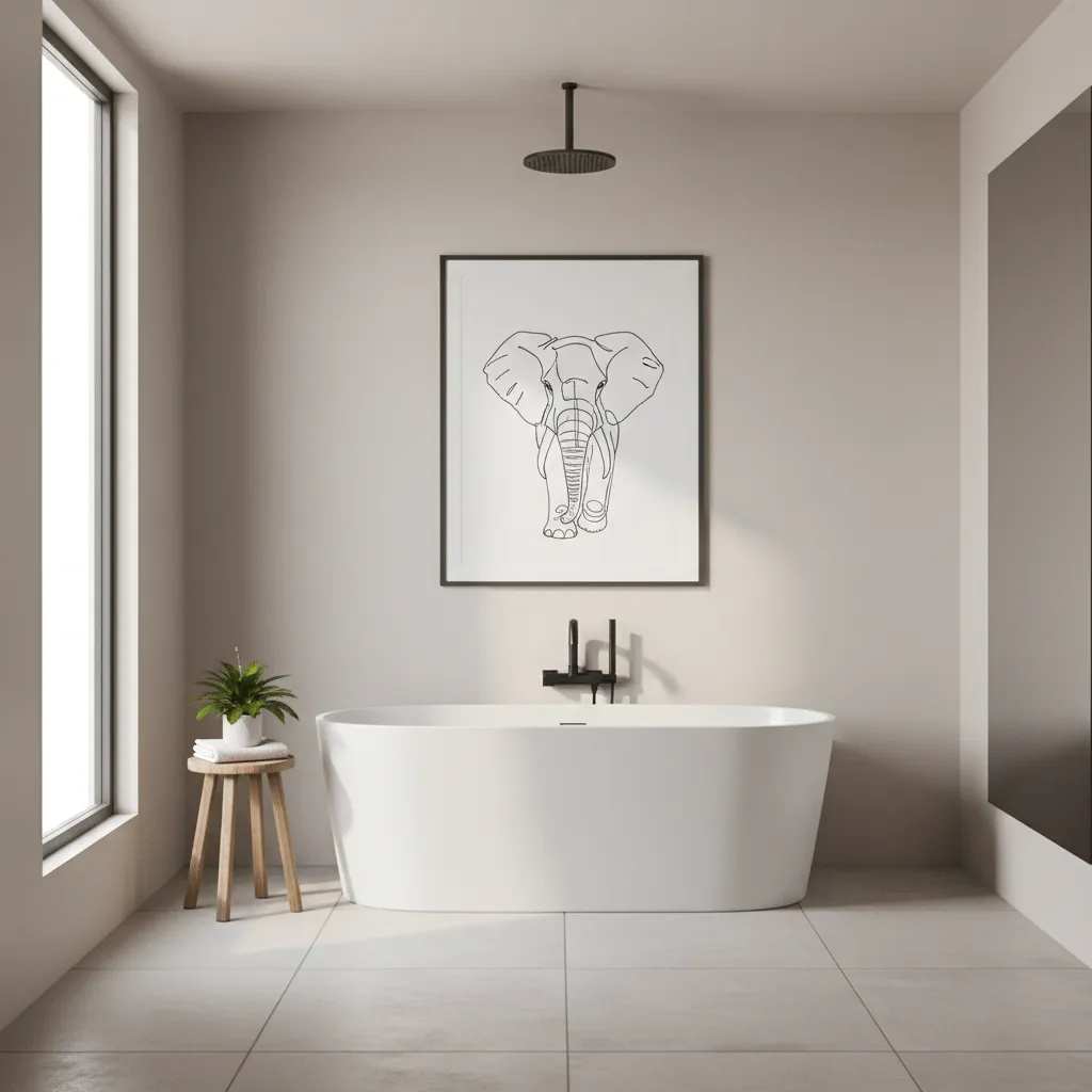 Minimal bathroom with framed elephant artwork above bathtub