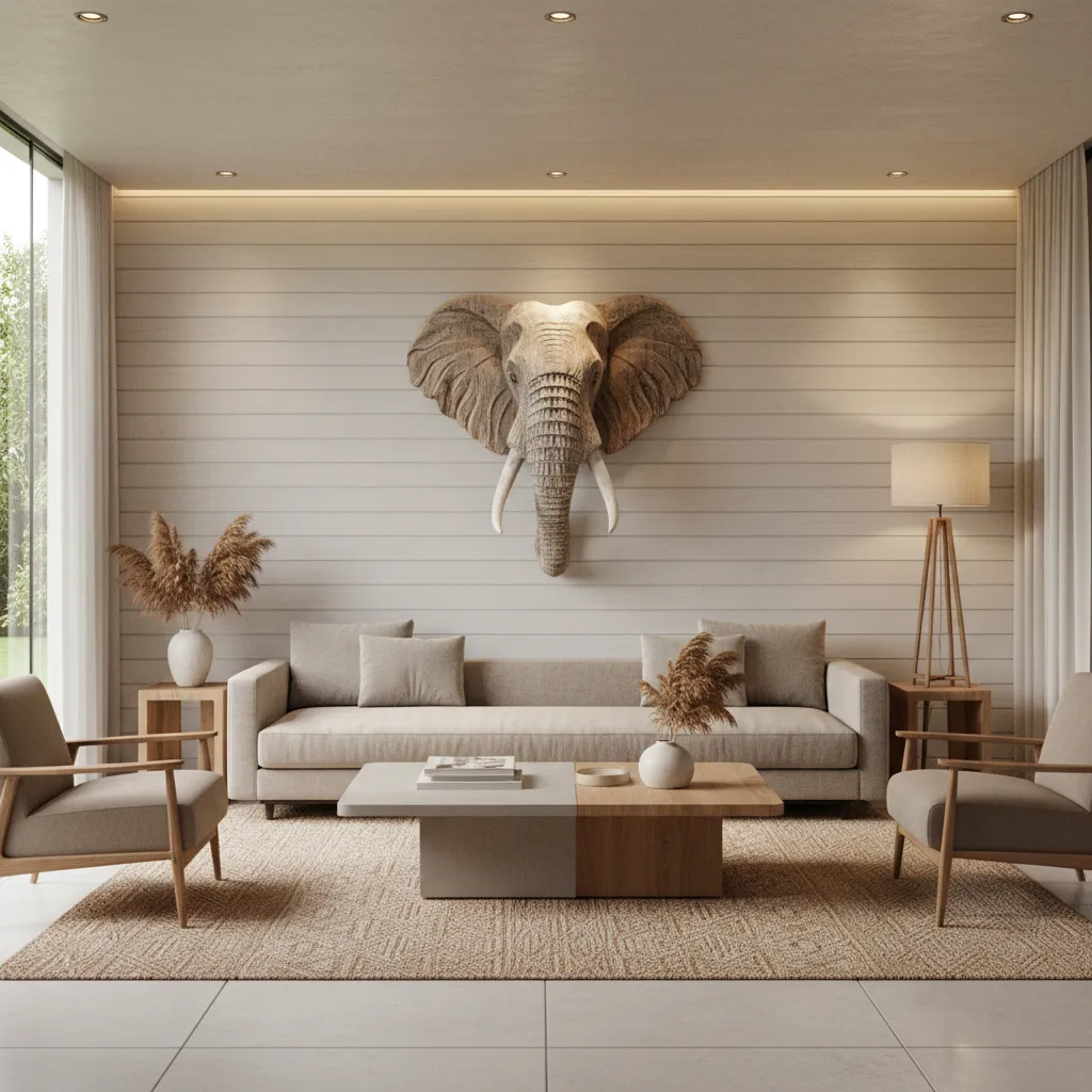 Elephant head wall decor placed above a sofa in a modern living room