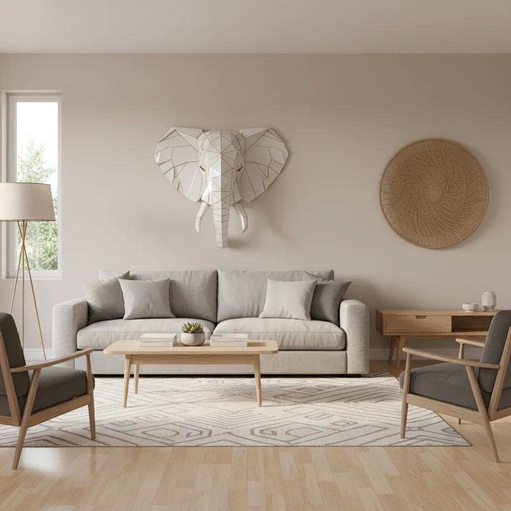 Elephant head wall decor displayed above a sofa in a modern living room