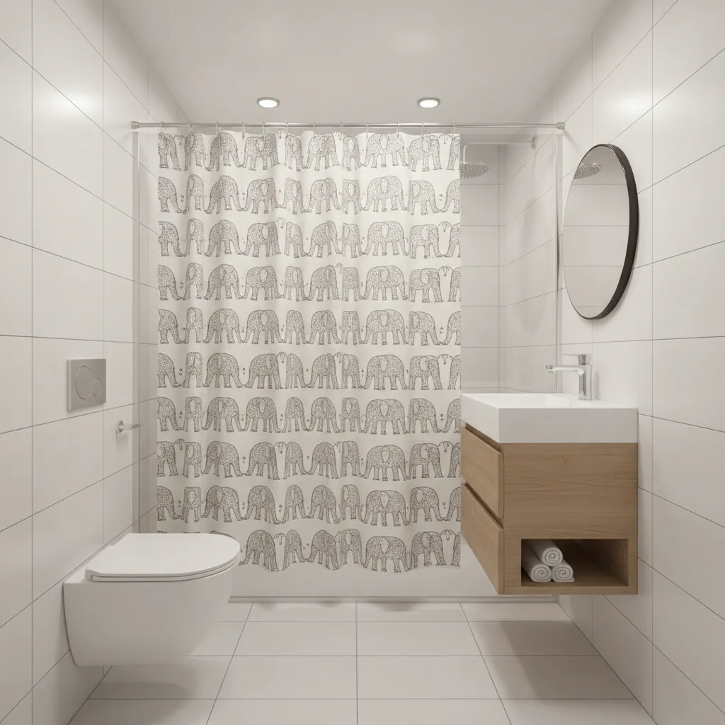 Small bathroom with elephant patterned shower curtain and neutral decor