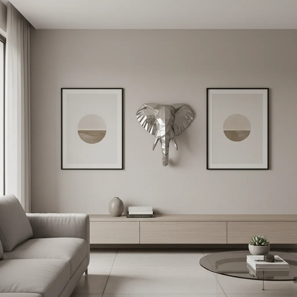 Wall composition featuring elephant head decor and supporting artwork