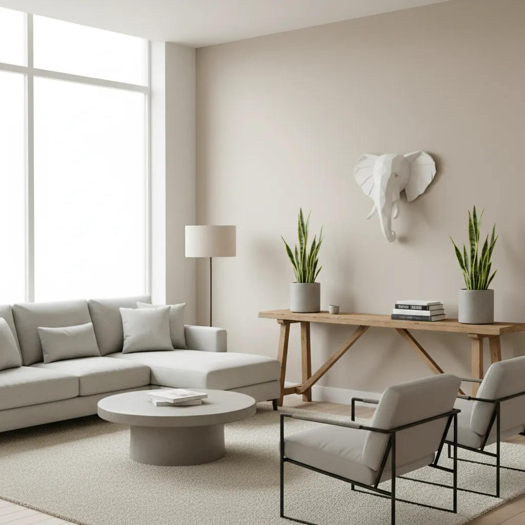 Elephant head wall sculpture mounted above a living room console