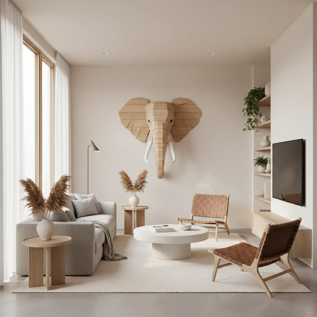 Elephant head wall decor above sofa showing correct scale relative to furniture