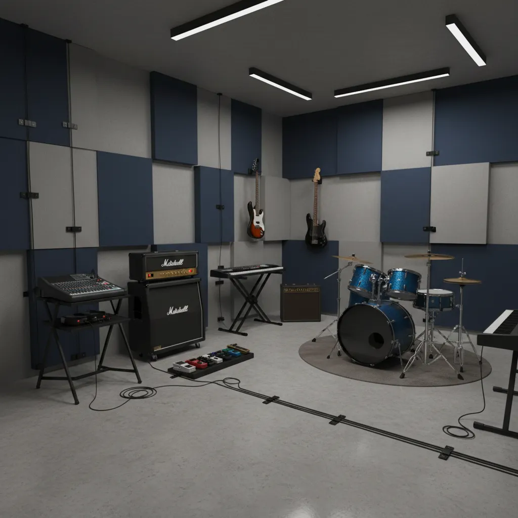 Amplifiers elevated on stands inside a small rehearsal studio