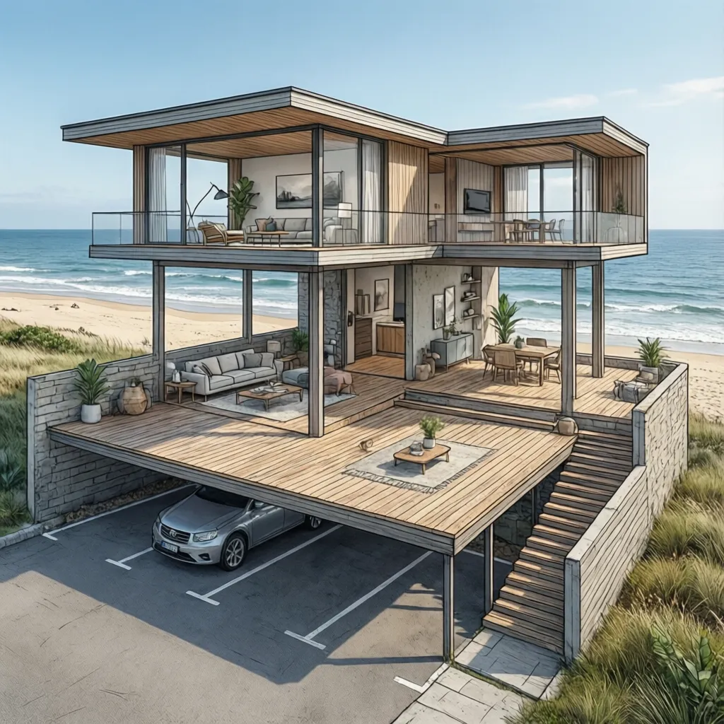 Floor plan of elevated beach house showing parking level and living level above