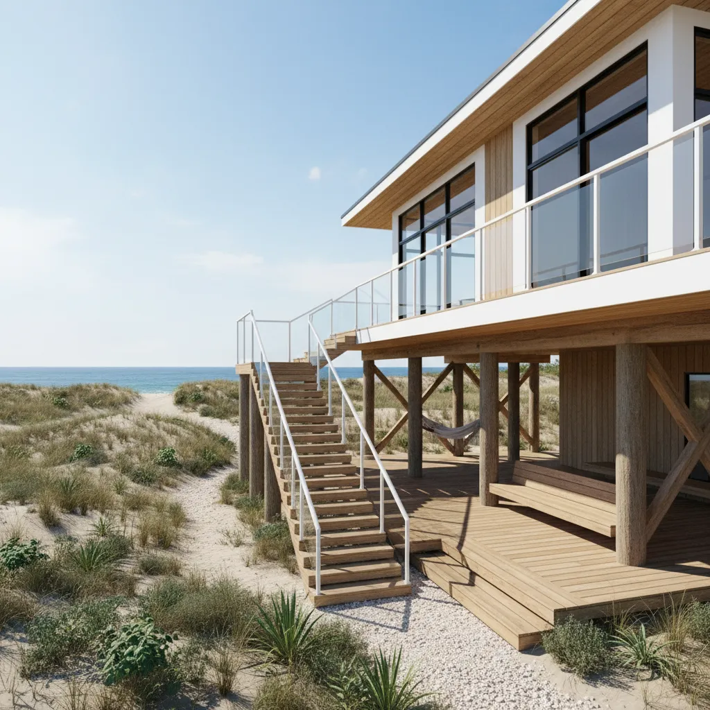 Modern beach house elevated on pilings with stairs and open shaded space underneath