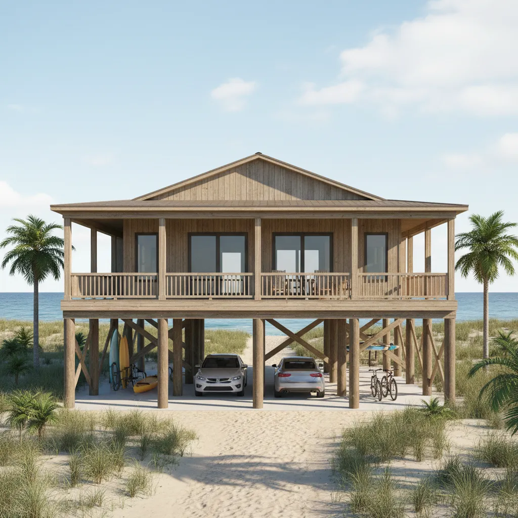 Elevated beach house structure showing pilings and open ground level
