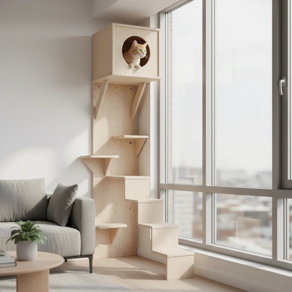 Casa para gatos elevada junto a una ventana