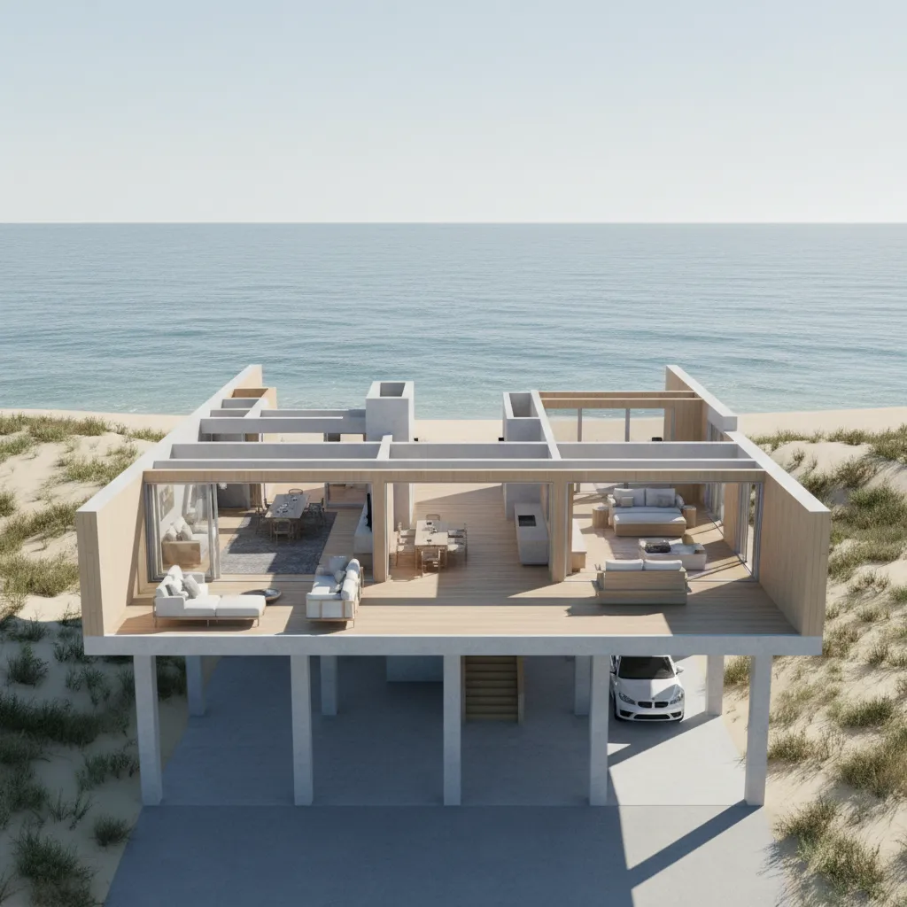 3D floor plan of elevated coastal beach house with parking under the structure