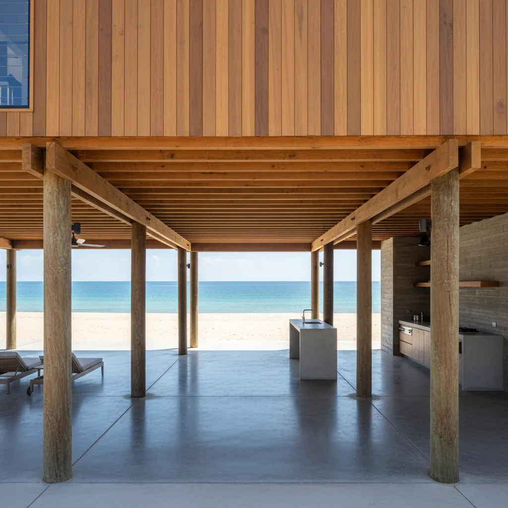 Beach house elevated on timber pilings showing open space below