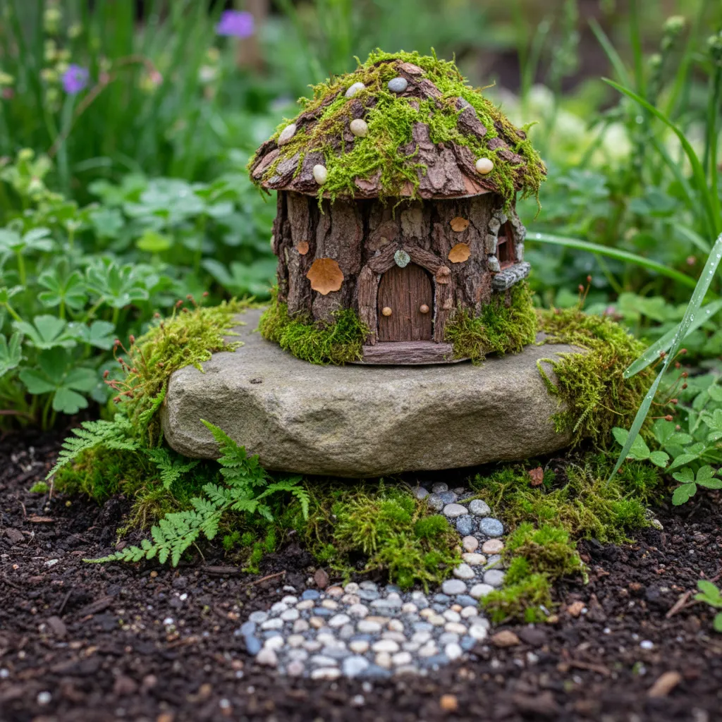 Fairy garden house elevated on a stone base to prevent water pooling