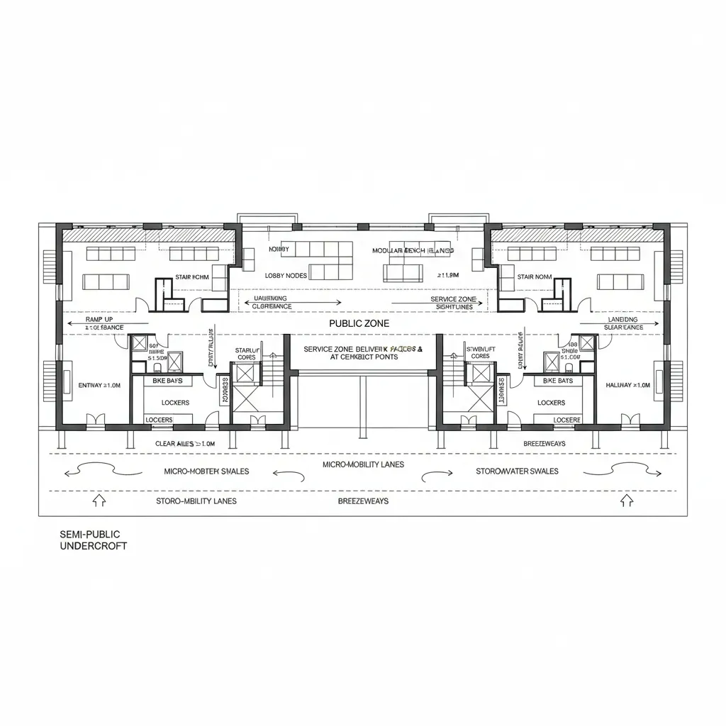 Floor plan showing a public zone layout with stairs lobby nodes and micro mobility lanes