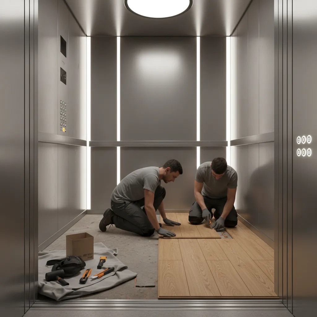 Elevator cabin floor being replaced with durable vinyl tile flooring