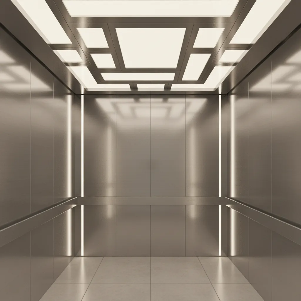 Elevator cabin with layered LED ceiling lighting and stainless steel wall panels