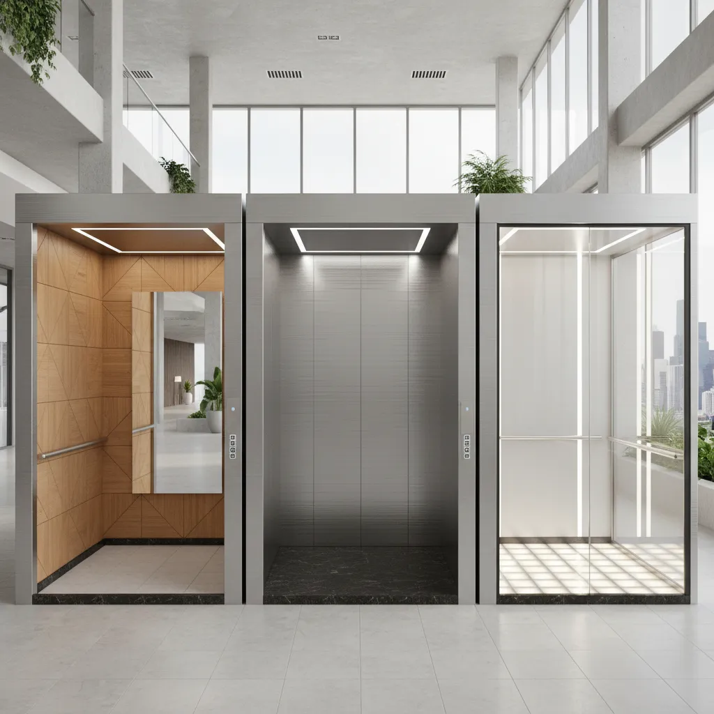 Comparison of elevator interior materials including stainless steel, laminate, and glass panels