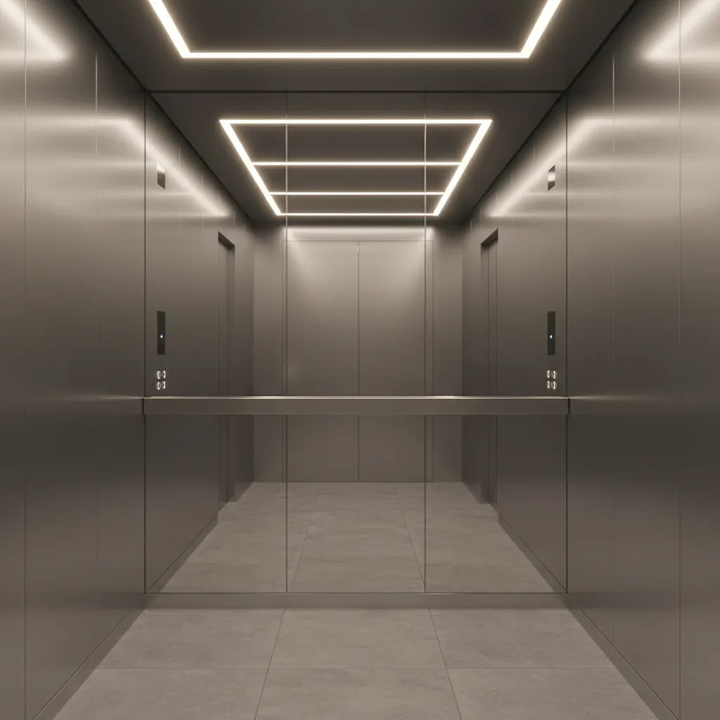 Elevator cabin with mirrored wall creating larger visual space
