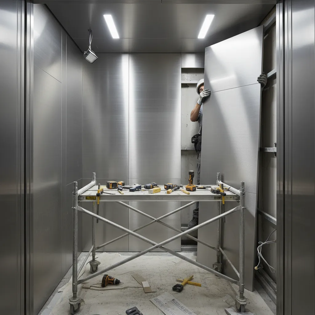Technician installing stainless steel elevator wall panels during interior repair