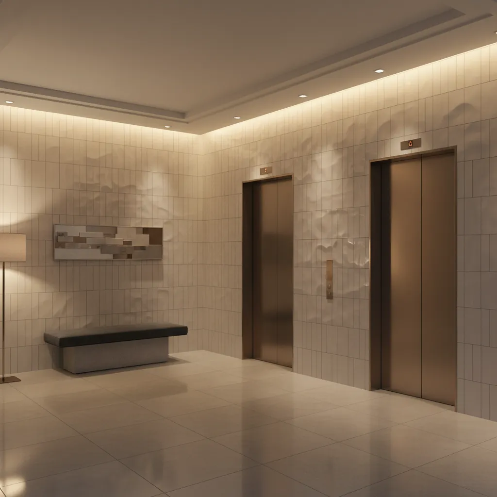Elevator lobby wall tiles highlighted with architectural lighting