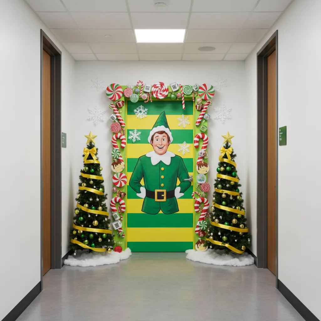 Christmas door decorating contest theme inspired by Elf movie with green costume colors