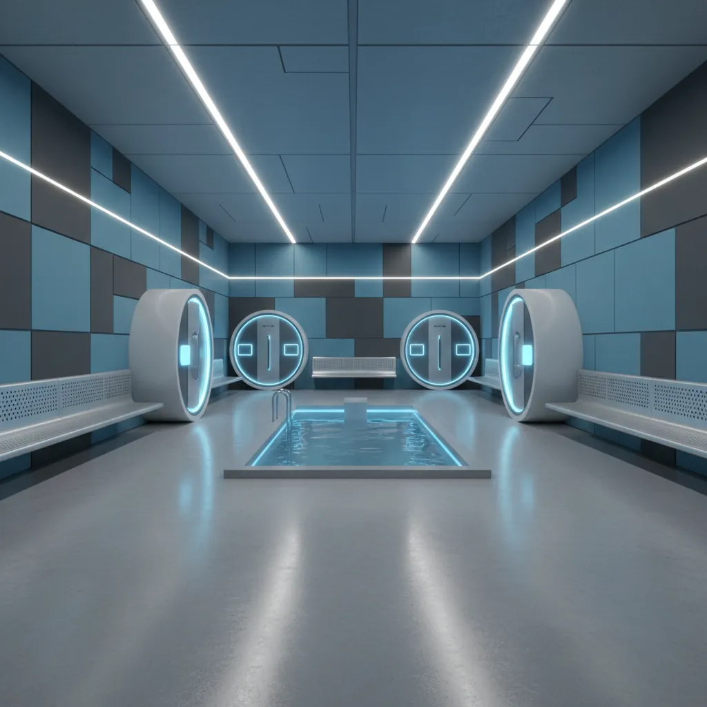 Interior of a professional football training facility cold recovery room with bench seating