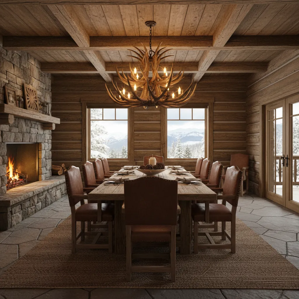 Large elk antler chandelier hanging in rustic dining room interior