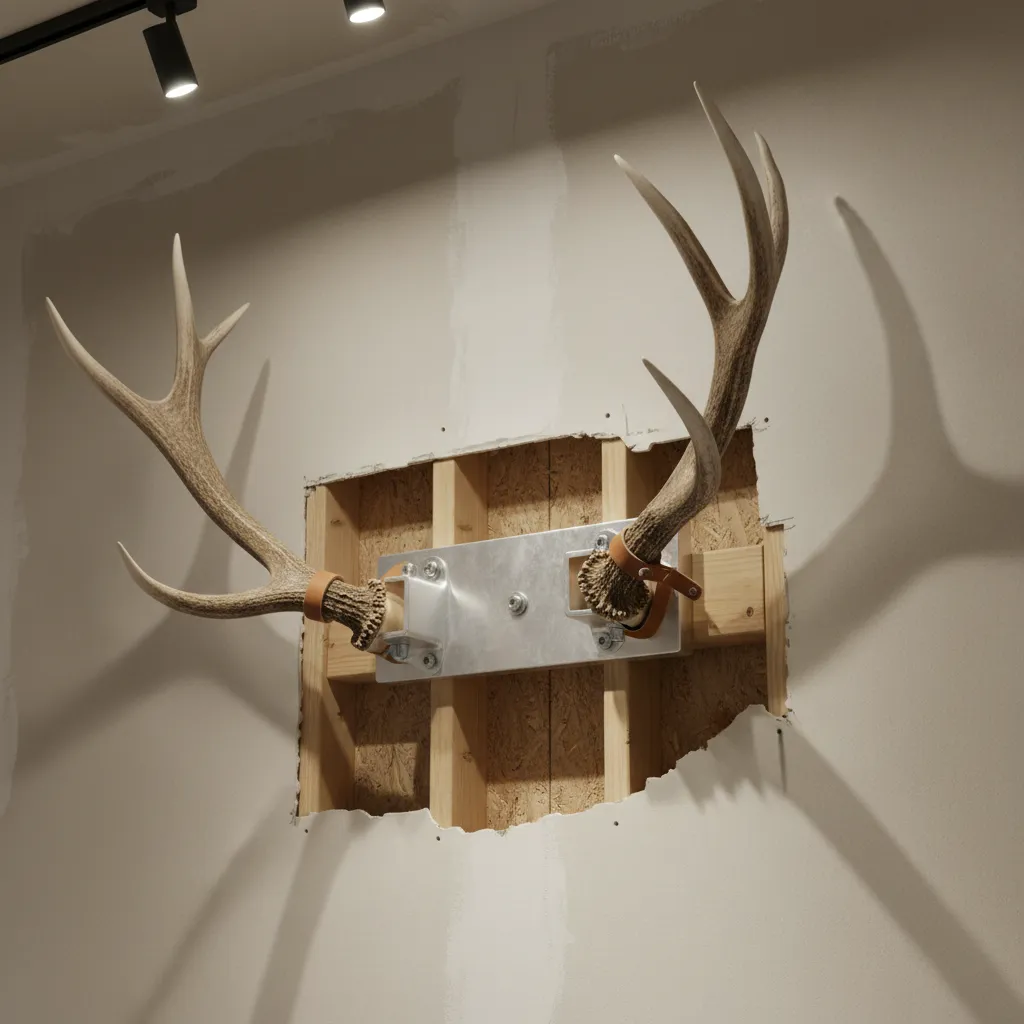 Close view of reinforced wall mounting bracket for elk antlers