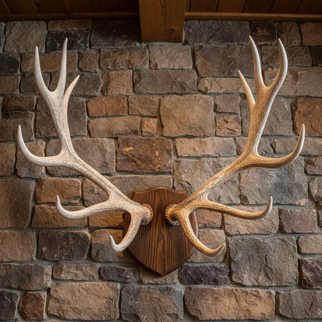 Large elk antlers mounted on wooden plaque showing size and spread