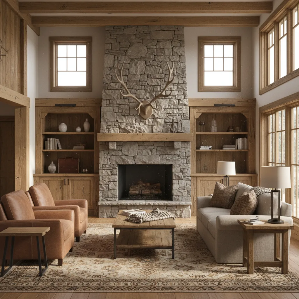 Elk antlers mounted above fireplace in rustic lodge living room