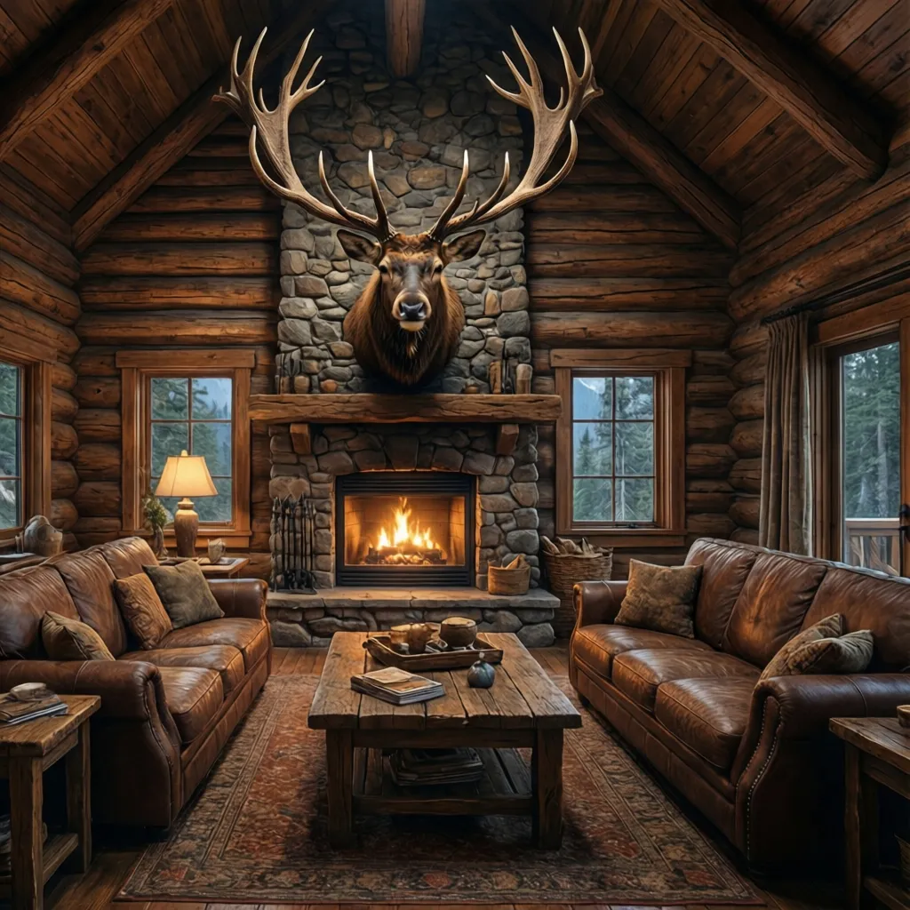Large elk antlers mounted above fireplace in rustic lodge living room