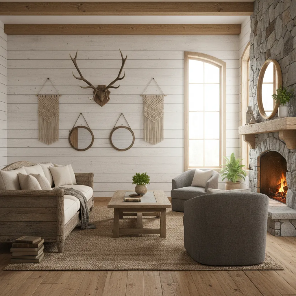 Decorative elk antlers mounted on a rustic living room wall
