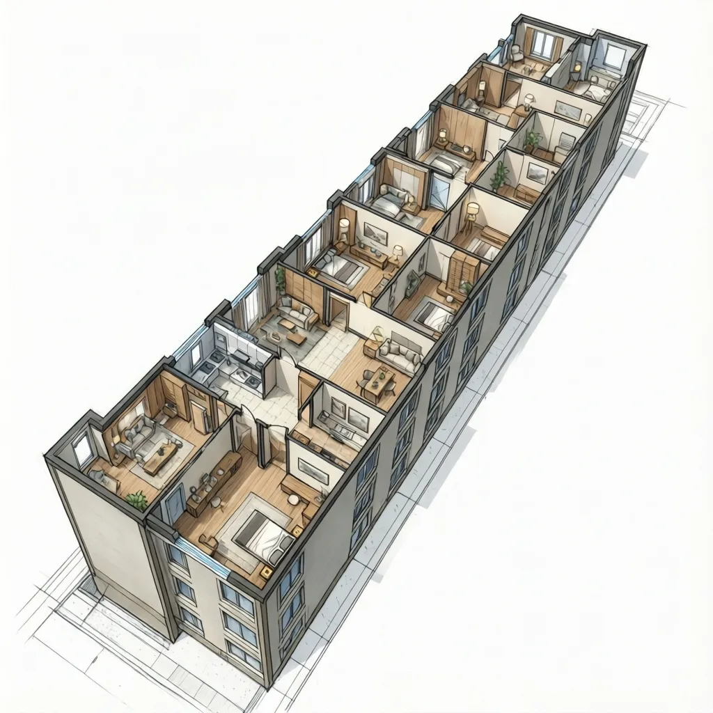 Linear townhouse floor plan showing rooms arranged along a long corridor
