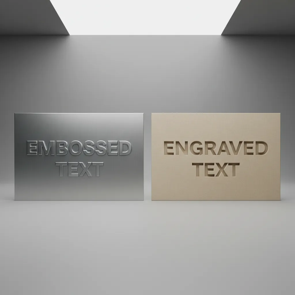 Embossed raised text and engraved recessed text on a 3D surface comparison