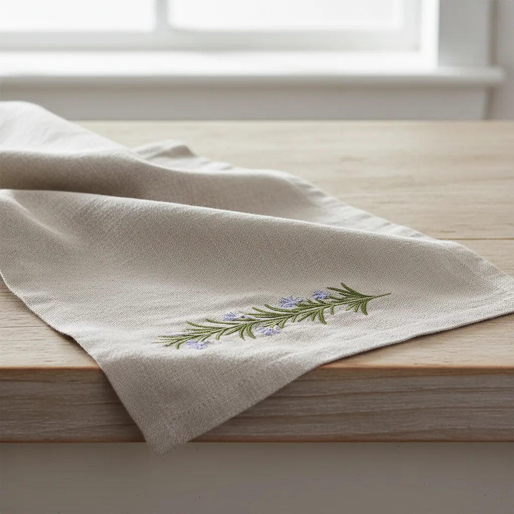 Linen kitchen towel embroidered with a small rosemary herb sprig design